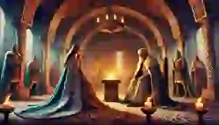 Queen Medb and King Ailill in a grand Celtic hall, debating their wealth, as the rivalry that ignites "The Táin Bó Cúailnge" begins to unfold.