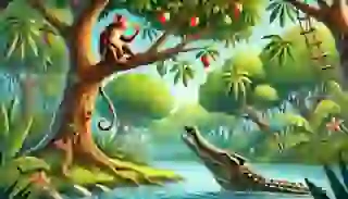 Moti the monkey sitting on a high branch, eating a mango, while Kavi the crocodile swims towards the riverbank.