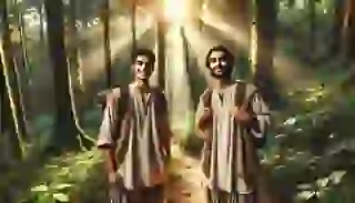 Abbas and Karim begin their journey through the dense forest, full of excitement and camaraderie.