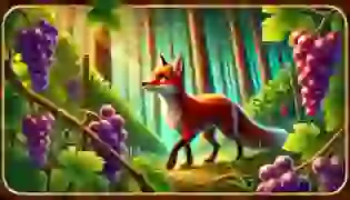 Felix the fox stands at the edge of a vineyard, eyeing the ripe grapes hanging just out of reach, as sunlight filters through the vibrant forest.