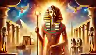 Ptah, the divine creator of ancient Egypt, stands in serene majesty, overlooking the sacred city of Memphis, embodying the wisdom and craftsmanship that shaped the heavens and the earth.