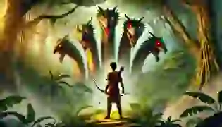 Thiago stands bravely in the heart of the rainforest, facing the legendary seven-headed dragon, ready to embark on his journey of courage and destiny.