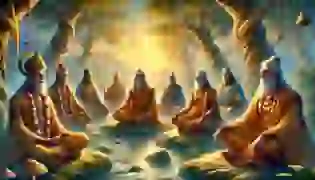 The Seven Sages in deep meditation by the sacred Saraswati River, as dawn breaks over ancient India, marking the beginning of their cosmic journey.