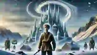 Hans, the young Norwegian lad, stands bravely in front of the North Wind's icy castle, ready to begin his epic journey.