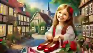 Karen stands in a quaint Danish village, wearing a beautiful pair of red shoes, with a joyful expression as she admires them.