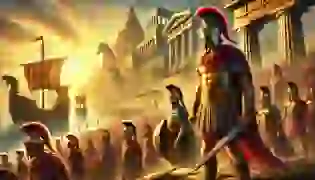 A suspenseful scene introducing "The Tale of the Trojan War," where Greek warriors, armored and prepared, stand before the towering walls of Troy with Greek ships in the background.