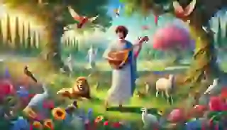 Orpheus's music enchants animals and nature, showcasing his extraordinary talent with the lyre.