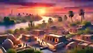 An ancient Egyptian village by the Nile River during sunset with villagers engaging in daily activities.