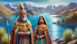 Manco Cápac and Mama Ocllo stand by the sacred shores of Lake Titicaca, ready to fulfill their divine mission. The serene waters and majestic Andes mountains set the stage for their journey.