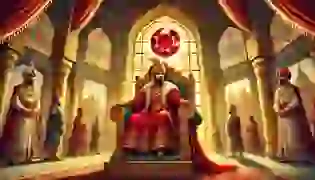 The majestic introduction of The Ruby Crown (Iran) features King Khosrow I seated on his golden throne, adorned with the legendary Ruby Crown. The grand palace hall, illuminated by warm sunlight through intricately designed windows, sets the regal tone, while attendants stand by in traditional attire, emphasizing the power and importance of the crown.