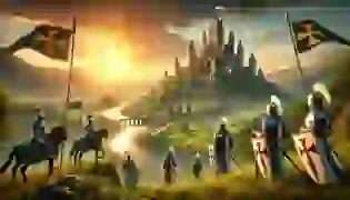 A majestic castle bathed in the golden light of sunset, surrounded by knights in shining armor standing in awe, symbolizes the beginning of an epic quest for the Holy Grail.