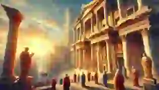 The grand Library of Alexandria stands as a beacon of knowledge, bathed in warm sunlight, with scholars gathering at its entrance, capturing the awe-inspiring atmosphere of the ancient world.