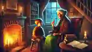 A young boy listens intently as his wise grandmother warns him about the dangers of witches, sitting by the warm glow of the fireplace in a mysterious, antique-filled room.