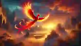 The majestic Vermillion Bird, Zhuque, soars across the dawn sky, illuminating the ancient southern lands of China with its radiant, fiery feathers—a symbol of protection and renewal.