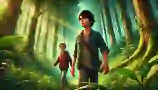 Two friends, Sam and Ben, embark on an adventure through a lush, sun-dappled forest. Sam is cautious, while Ben is carefree, unaware of the danger that lurks ahead.