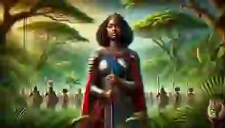 Queen Nzinga, adorned in traditional royal attire, stands resolute in the dense African forest, a spear in hand. Her calm yet determined expression reflects her role as the protector of her people, with the lush greenery and distant mountains hinting at the vast lands she defends. The atmosphere is filled with tension, pride, and the looming threat of colonization.