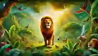 A mighty lion named Shere stands in a lush jungle, his golden mane glistening under the sun.