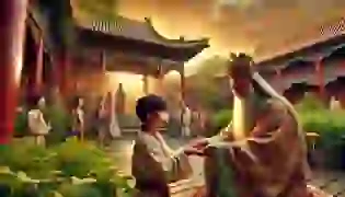 The wise Emperor of ancient China distributes seeds to the eager children in a beautiful palace courtyard, marking the beginning of a journey that will reveal the true qualities of a leader.