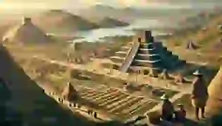 A vibrant depiction of the Tiwanaku civilization's grand city near Lake Titicaca, showcasing monumental stone temples, pyramids, and the famed Gate of the Sun, set against the high-altitude plateau and distant mountains. The people are seen in traditional Andean clothing, going about their daily tasks in a thriving agricultural and ceremonial hub.