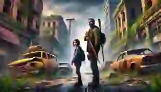 Joel and Ellie stand in a crumbling, overgrown city, cautiously surveying the desolate streets. The tense and somber mood of their post-apocalyptic world is palpable as they brace for the unknown dangers ahead.