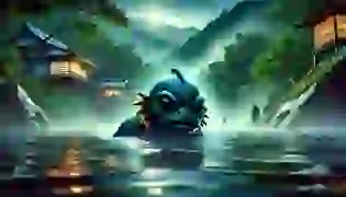 A mysterious Kappa lurks just beneath the surface of a misty river in ancient Japan, as a quiet village stands in the distance. The scene captures the tense atmosphere before the creature reveals itself to the villagers.