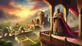 King Jamshid stands atop his grand palace in ancient Iran, overlooking his vast and flourishing kingdom as the dawn of his glorious reign begins.