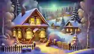 A quaint Russian village in winter, with snow-covered cottages and a warm glow from the windows.