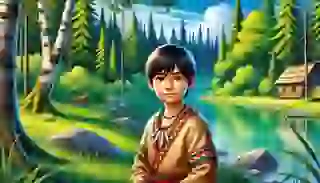 Illustration of Pi, a young Native boy, standing by a serene lake surrounded by dense forests, introducing the story.