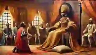 Queen Nzinga seated on her makeshift throne during a tense negotiation with the Portuguese, showcasing her regal presence and unyielding determination in the face of colonial power.