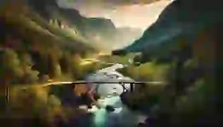 A picturesque Norwegian valley with a rickety wooden bridge spanning a roaring river, set against the backdrop of towering mountains. The setting sun casts a golden glow, while an air of mystery hints at the presence of a lurking troll beneath the bridge.