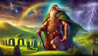 The Dagda, towering with power and wisdom, stands on a hill under a stormy Irish sky, holding his massive club and enchanted harp, with a mystical landscape stretching beyond.