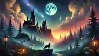 A mysterious night scene with a distant castle and the silhouette of a large black dog on the horizon, capturing the adventurous and magical ambiance of the story.