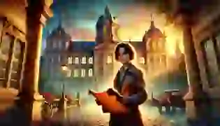 Emma Klein stands before the grandeur of Mannheim's Baroque palace at sunrise, clutching a mysterious parchment that holds the key to the city's hidden past. The scene captures the dawn of an adventure where history and mystery intertwine.