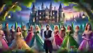 The twelve princesses and their father, the king, standing in front of their grand castle.