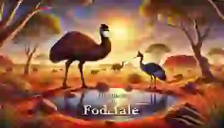 The Emu and Jabiru meet at the waterhole under the vibrant Australian sky, marking the beginning of their legendary tale.