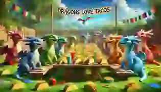 A lively backyard scene introduces the dragons’ love for tacos, with colorful, playful dragons gathered around a table laden with tacos and toppings under a bright blue sky. Each dragon’s gleaming eyes and excited expressions capture their anticipation for the delicious taco feast.