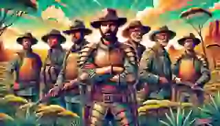 Ned Kelly and his gang in the Australian outback, wearing their iconic armor and surrounded by the rugged landscape.