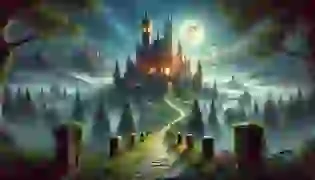 A grand, ancient castle bathed in moonlight sits atop a misty hill, its glowing turrets hinting at the magic within. The path leading to the castle winds through an enchanted forest, capturing an atmosphere of mystery and wonder.