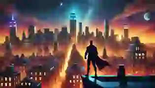  It depicts the New York City skyline at sunset, with the silhouette of a hero standing on a rooftop, gazing over the city. The sense of heroism and the urban energy at dusk are beautifully captured in this scene.