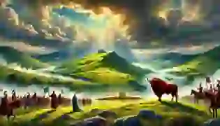 The introduction to "The Táin Bó Cúailnge," showcasing the fabled Brown Bull of Cooley in the verdant hills of Ireland, with Queen Medb and King Ailill overseeing their Connacht armies beneath a stormy, tension-filled sky.