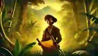 Don Rodrigo stands at the edge of the South American jungle, holding a map and gazing forward with determination, as golden sunlight filters through the dense trees. The scene captures the anticipation and promise of the perilous journey ahead, with the lush jungle and distant mountains hinting at the legendary treasures beyond.