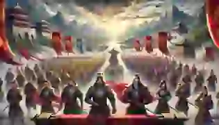 An epic scene introduces "The Legend of the War of the Three Kingdoms," where the leaders of Wei, Shu, and Wu prepare their armies amidst a sweeping landscape, marking the start of a fierce battle for dominance over ancient China.