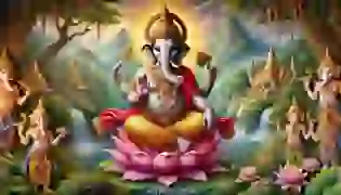 A serene depiction of Lord Ganesha sitting on a lotus in a lush, divine setting, surrounded by nature. His calm expression radiates wisdom and peace, while the vibrant colors and intricate details of his clothing reflect his divine status. Towering mountains and soft sunlight enhance the majestic atmosphere, setting the tone for his legendary story.