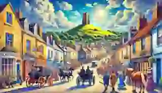 A vibrant depiction of Glastonbury town with the Tor in the background, introducing the story.