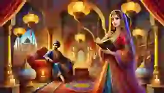 Scheherazade mesmerizing the Sultan with her storytelling.