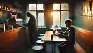 The scene introduces the story, depicting a quiet roadside café at dawn. A young boy sits at the counter, eating toast, while an old man, bent and weary, enters the café. The atmosphere is peaceful yet contemplative, setting the stage for their fateful conversation about love.