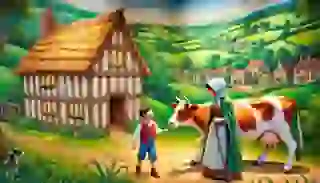 A vibrant and detailed scene introducing the story of Jack and the Beanstalk in a quaint medieval village.