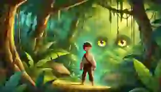 A young boy stands at the edge of a dense Brazilian jungle, feeling the mysterious presence of the forest as glowing eyes watch him from the shadows.