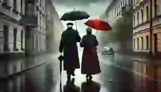 An elderly couple walks through a rainy street, heading to visit their son at the sanatorium, their faces lined with worry and sadness, reflecting the somber mood