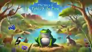 The story begins with Tiddalik the frog drinking all the water, leaving the land parched and dry.